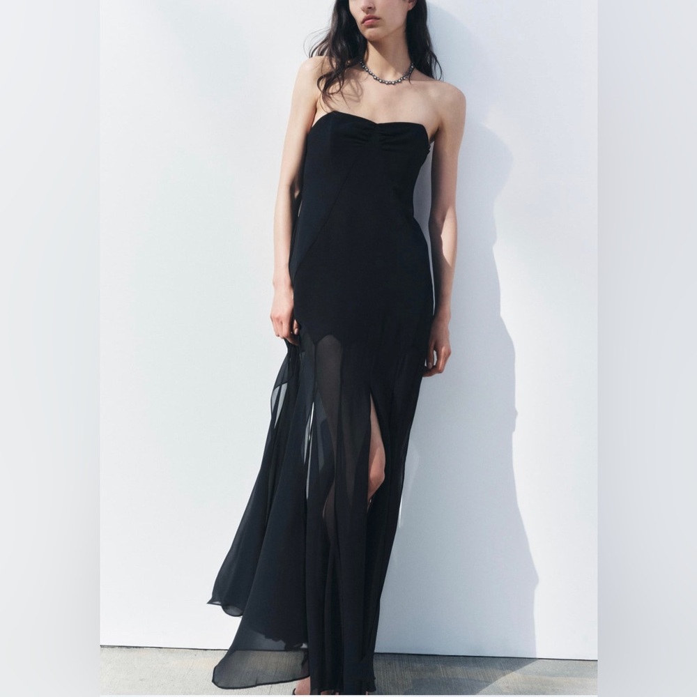 Zara Black Strapless Sheer Panel Maxi Dress